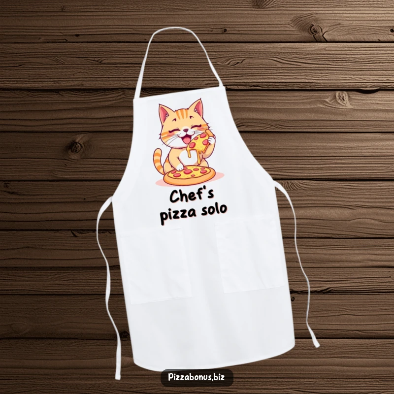 Funny apron with a happy cat enthusiastically devouring a giant, cheesy pizza, ideal for cooking and parties.