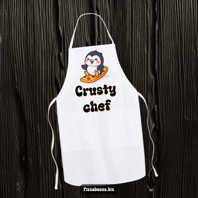 Funny penguin apron showing a cheerful penguin sliding down a ramp made of pizza crust, ready for kitchen adventures with a wide grin.
