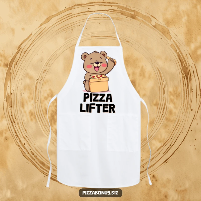 Funny bear apron showing a strong bear joyfully attempting to lift a giant pizza box, ready to conquer any kitchen task with a smile.