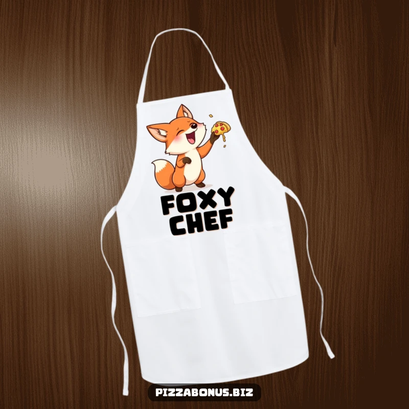 Funny fox apron showing a cheerful fox gleefully tossing a miniature pizza into the air, ready for culinary fun.