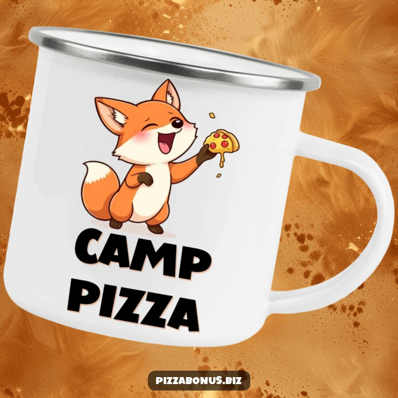 Funny fox camping mug depicting a happy fox gleefully tossing a tiny pizza into the air, perfect for spirited outdoor enjoyment.