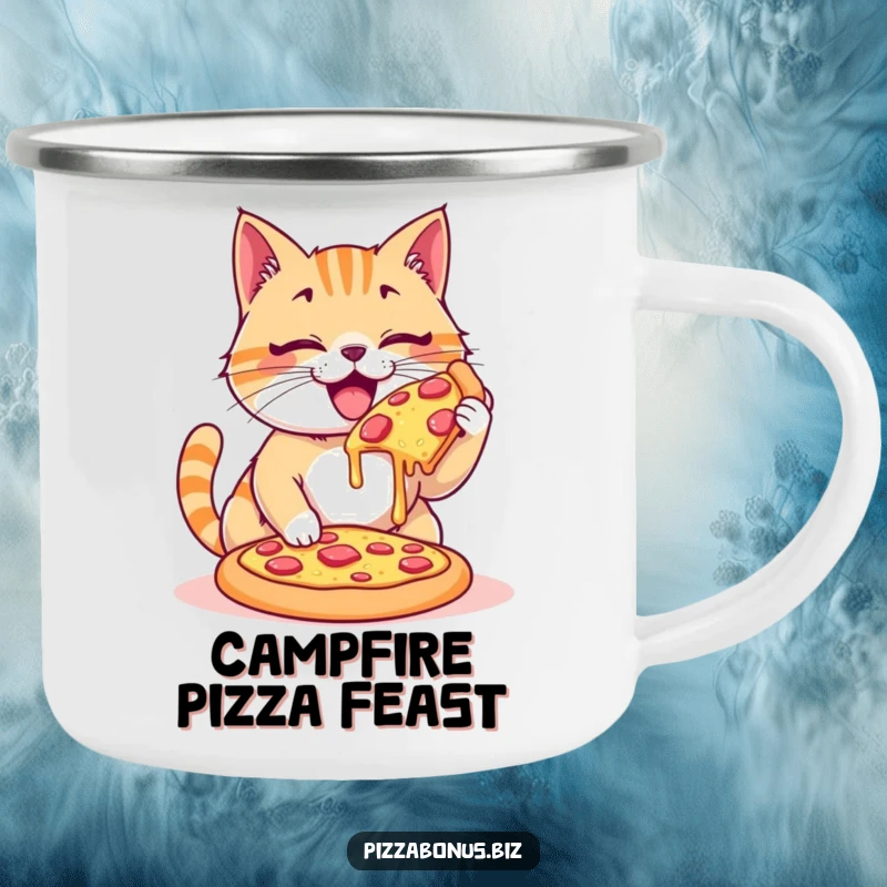 Funny camping mug with a happy cat enthusiastically devouring a giant, cheesy pizza, durable and humorous for outdoors.