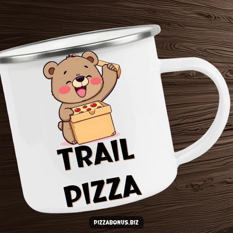 Funny bear camping mug showing a happy bear joyfully trying to lift a giant pizza box, a symbol of hearty adventure and good times.