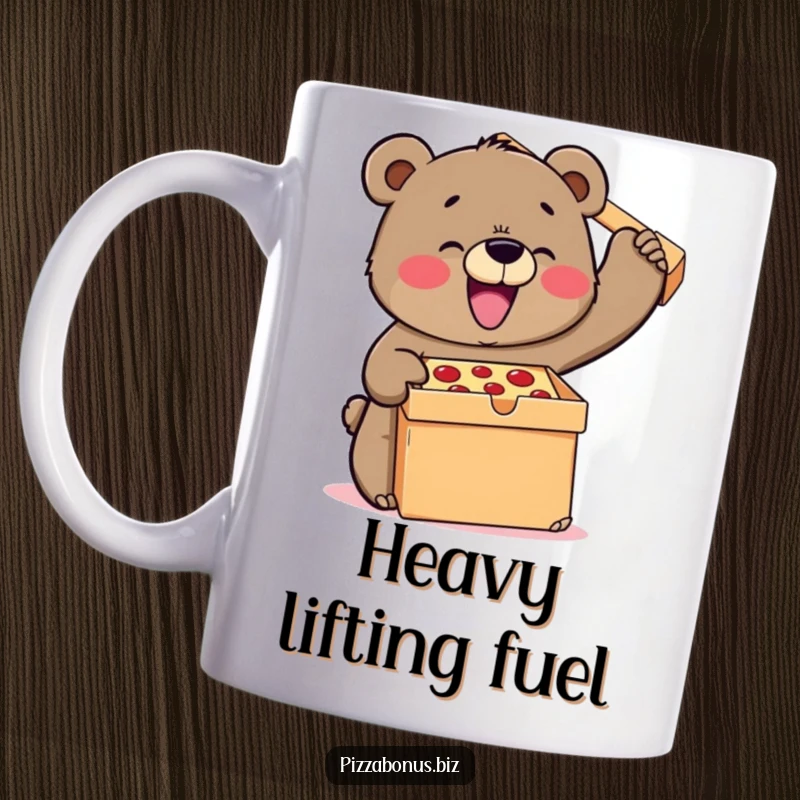 Funny bear mug showing a strong bear straining joyfully to lift an enormous pizza box, embodying pizza dedication.