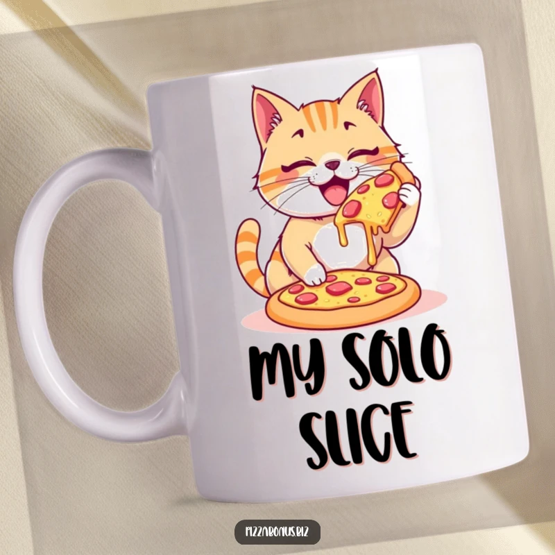 Funny mug showing a happy cat enthusiastically devouring a massive, cheesy pizza all by itself, embodying pure bliss.