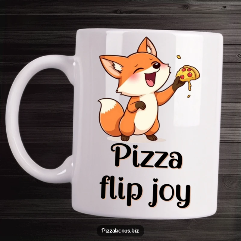 Funny fox mug depicting a cheerful fox gleefully tossing a miniature pizza into the air, full of mischievous fun.