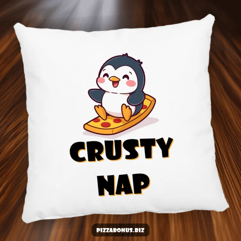 Funny penguin pillow depicting a happy penguin sliding down a ramp made of pizza crust, offering both comfort and amusement for your room.