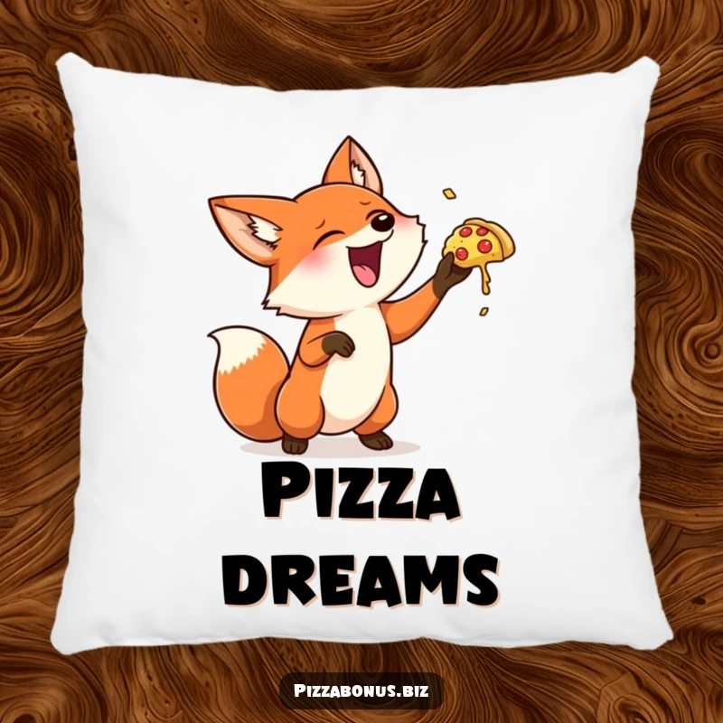 Funny fox pillow depicting a happy fox gleefully tossing a miniature pizza into the air, offering comfort and a good chuckle.