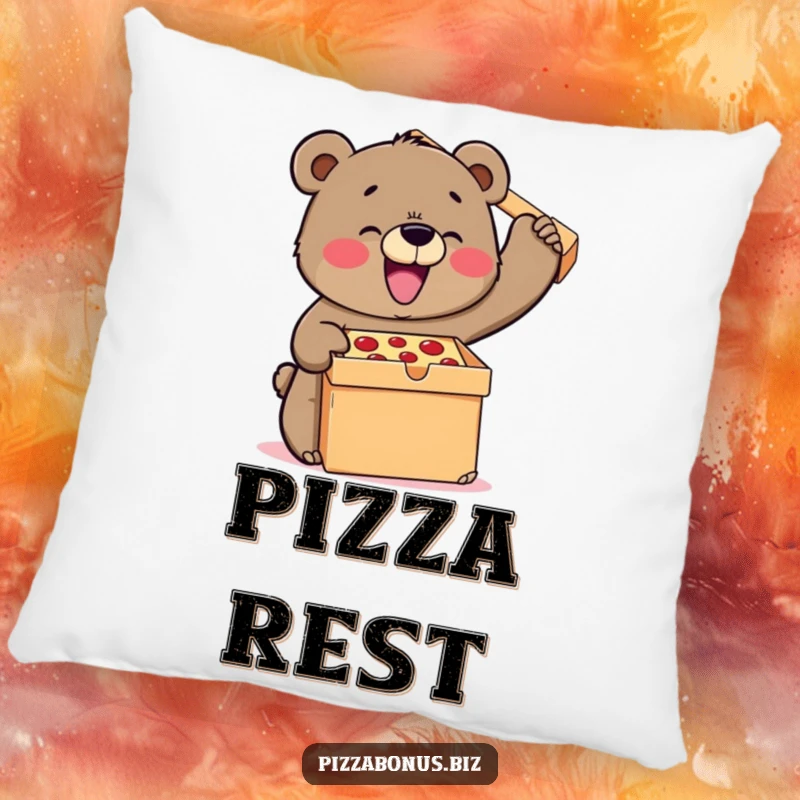 Funny bear pillow depicting a happy bear joyfully trying to lift a massive pizza box, offering plush comfort and a good chuckle.