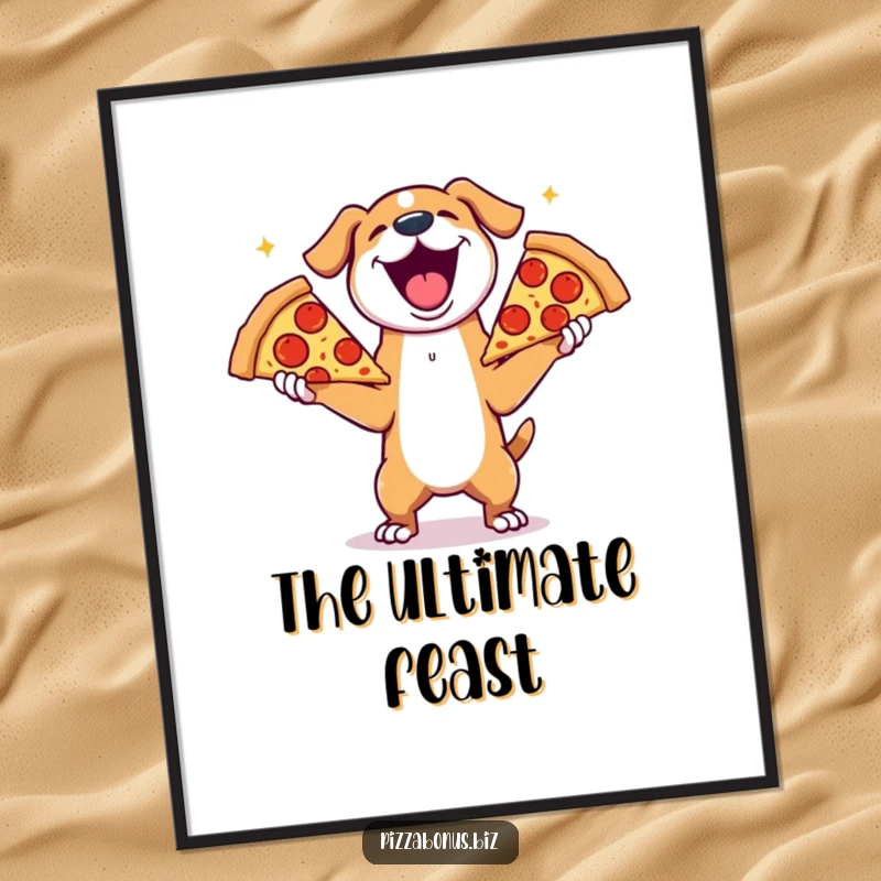 Funny digital art print of a joyful dog gleefully juggling three enormous slices of pepperoni pizza, perfect for walls.