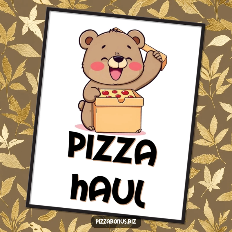 Funny bear digital art print showing a happy bear joyfully lifting a colossal pizza box, a humorous and powerful image.