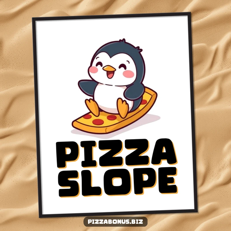 Funny penguin digital art print showing a joyful penguin sliding down a ramp made of pizza crust, a vibrant and humorous illustration.