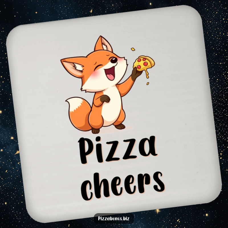 Funny fox drink coaster featuring a cheerful fox gleefully tossing a miniature pizza into the air, adding humor to any setting.