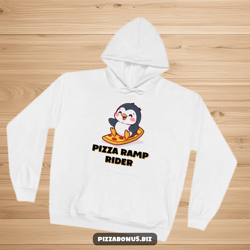 Funny penguin hoodie featuring a joyful penguin sliding down a spectacular ramp made entirely of pizza crust, a scene of pure delight.