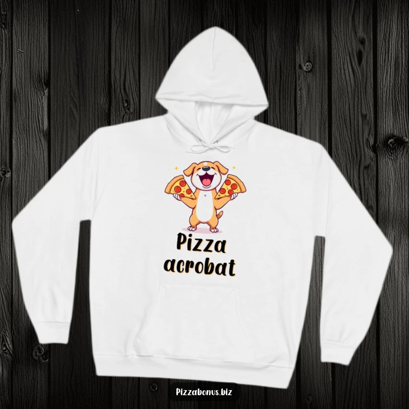 Funny hoodie featuring a joyful dog gleefully juggling enormous slices of pepperoni pizza, perfect for cozying up.