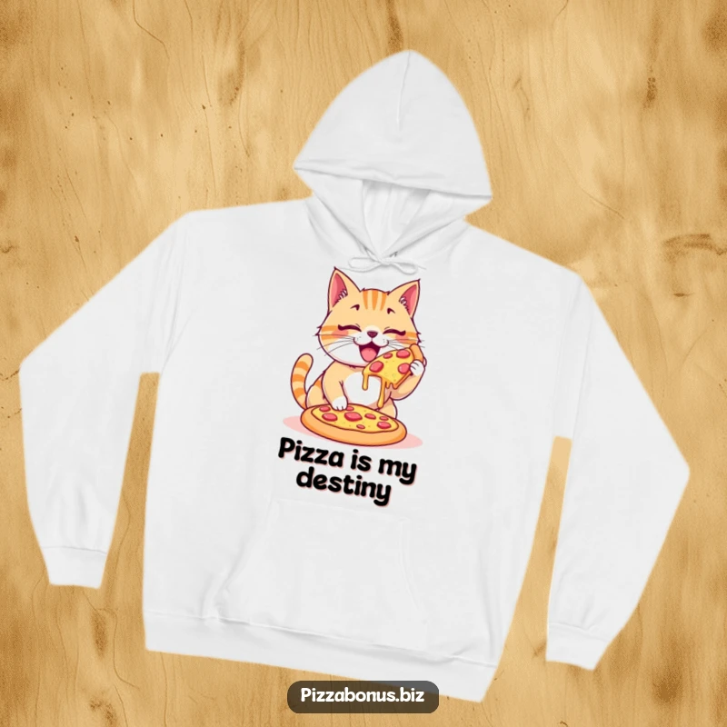 Funny hoodie featuring a happy cat enthusiastically devouring a giant, cheesy pizza, ideal for cozying up.