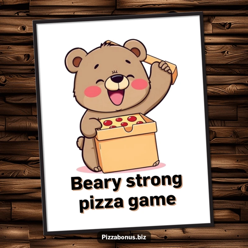 Funny Free Printable Wall Art: A large bear joyfully struggles to lift an impressively massive pizza box.