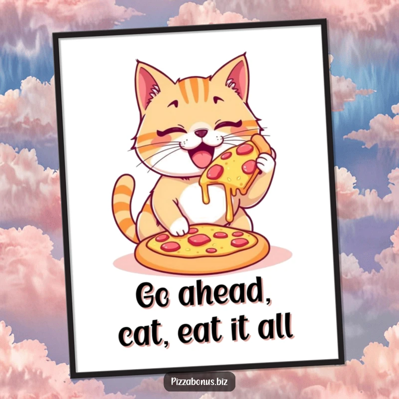 Funny Free Printable Cat Wall Art, a happy cat enthusiastically devouring a giant, cheesy pizza all by itself, a foodie's delight.