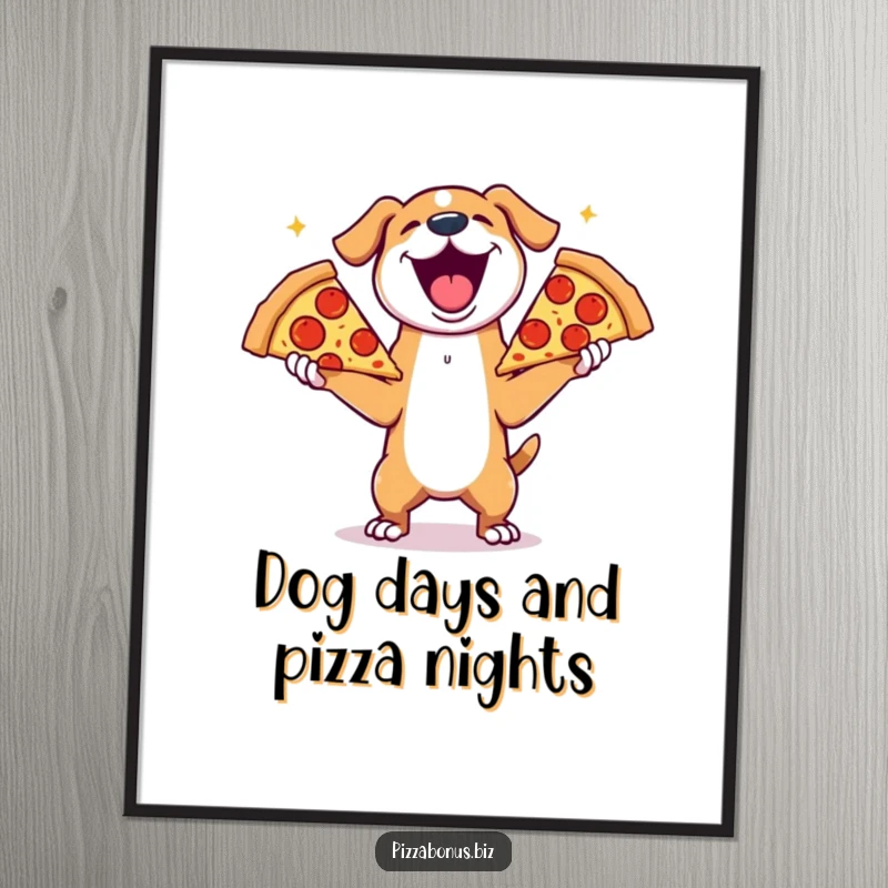 Funny Free Printable Dog Wall Art, a joyful dog gleefully juggling three enormous slices of pepperoni pizza, a humorous art piece.