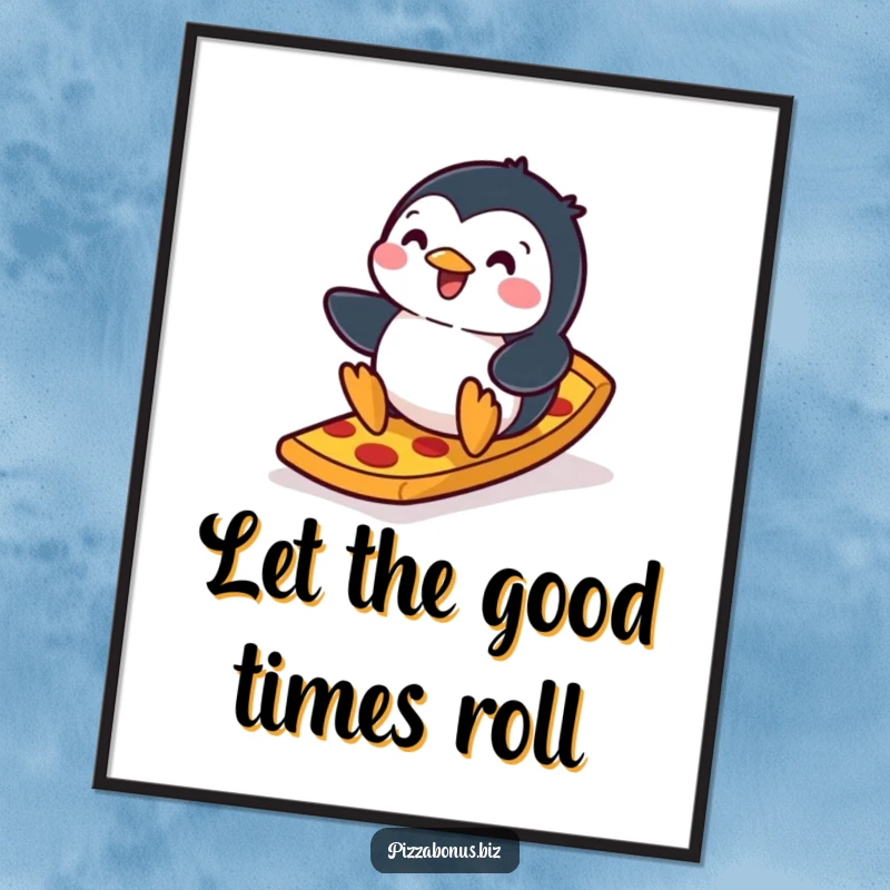 Funny Free Printable Wall Art: Playful penguin gleefully slides down a ramp made entirely of pizza crust.