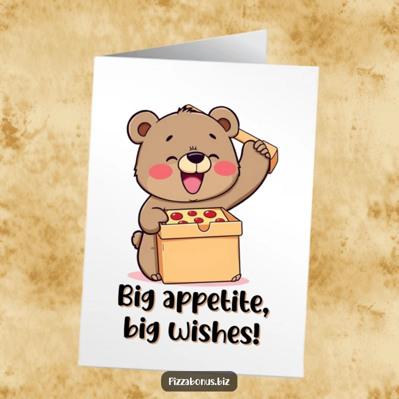 Funny Free Printable Birthday Card: Determined bear strains joyfully to lift a huge pizza box.