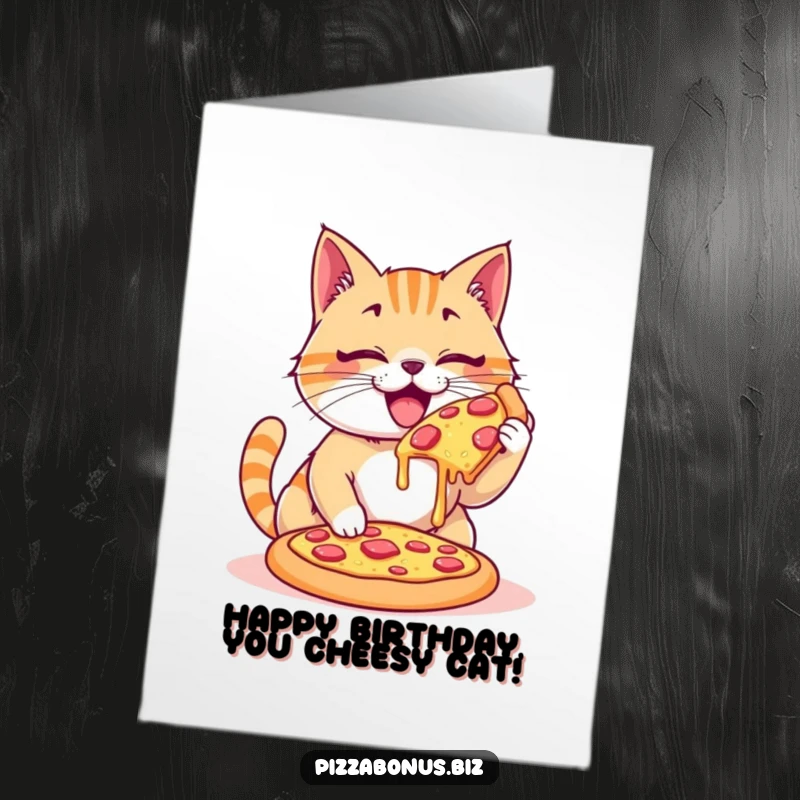 Funny Free Printable Cat Birthday Card, a happy cat devouring a giant cheesy pizza, celebrating with delicious, solo joy.