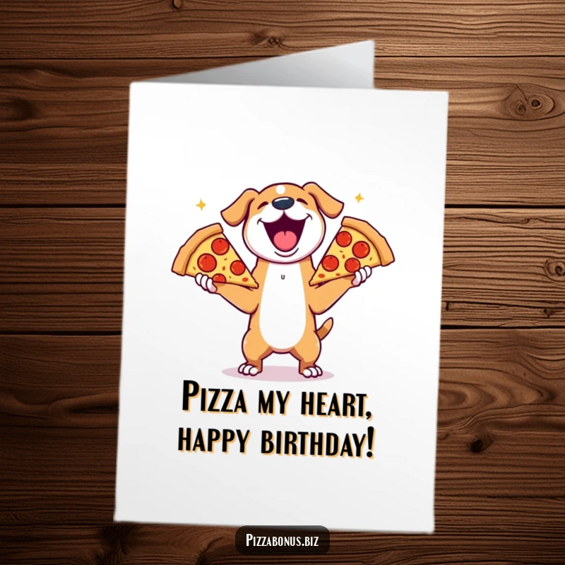 Funny Free Printable Dog Birthday Card, a joyful dog gleefully juggling three enormous pizza slices, celebrating with delicious humor.