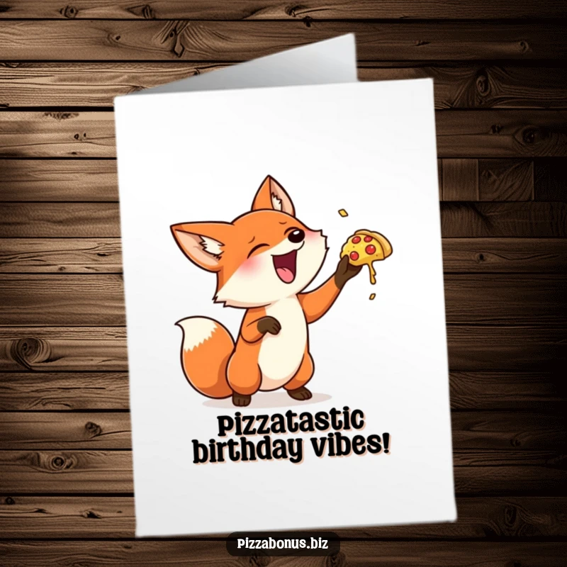 Funny Free Printable Birthday Card: Giggling fox gleefully tosses a tiny pizza high into the air.