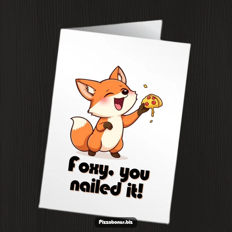Funny Free Printable Congrats Card: Giggling fox tosses a miniature pizza, celebrating a fantastic achievement.