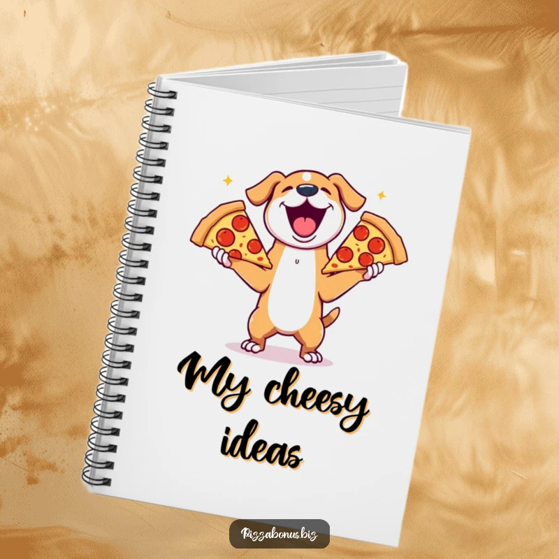 Funny notebook featuring a joyful dog gleefully juggling three enormous slices of pepperoni pizza, perfect for notes.