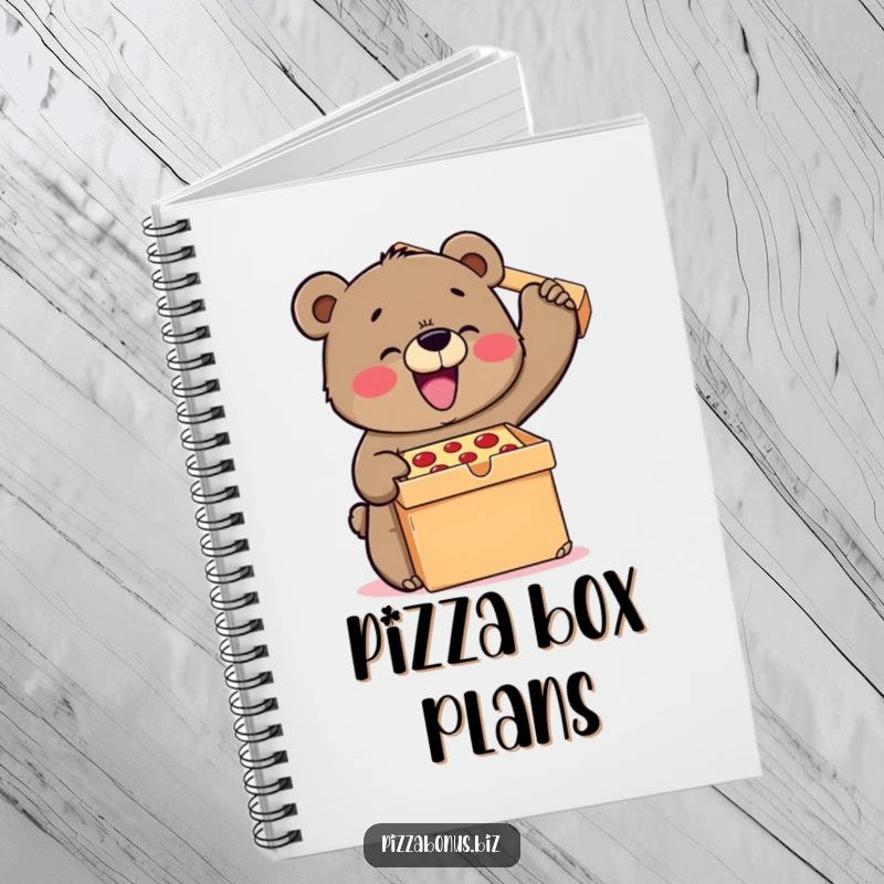 Funny bear notebook cover featuring a determined bear joyfully lifting a massive pizza box, ready to capture brilliant ideas.
