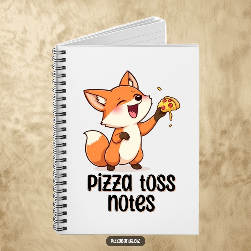 Funny fox notebook cover featuring a playful fox gleefully tossing a miniature pizza into the air, inspiring creativity and laughter.