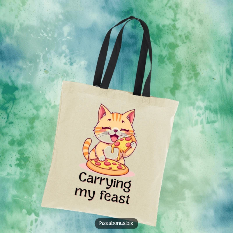 Funny tote bag with a happy cat enthusiastically devouring a giant, cheesy pizza, a humorous and practical accessory.