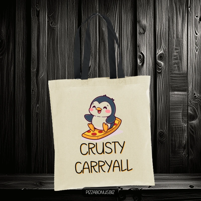 Funny penguin tote bag illustrating a cheerful penguin effortlessly sliding down a ramp fashioned from a pizza crust, showcasing pure amusement.